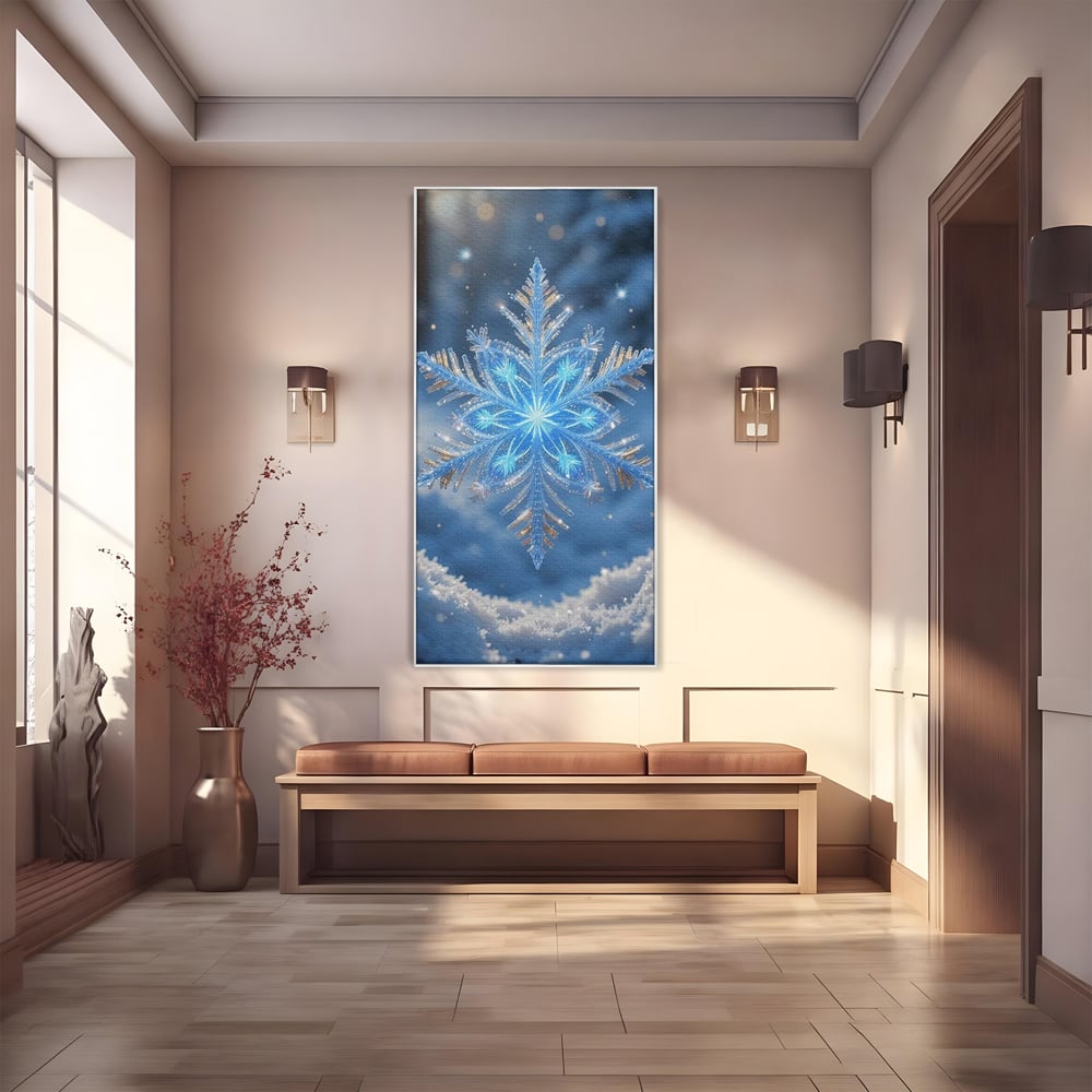 Tablou canvas cu tablou vertical cu fulg de zapada, in rama de aluminiu argintiu
